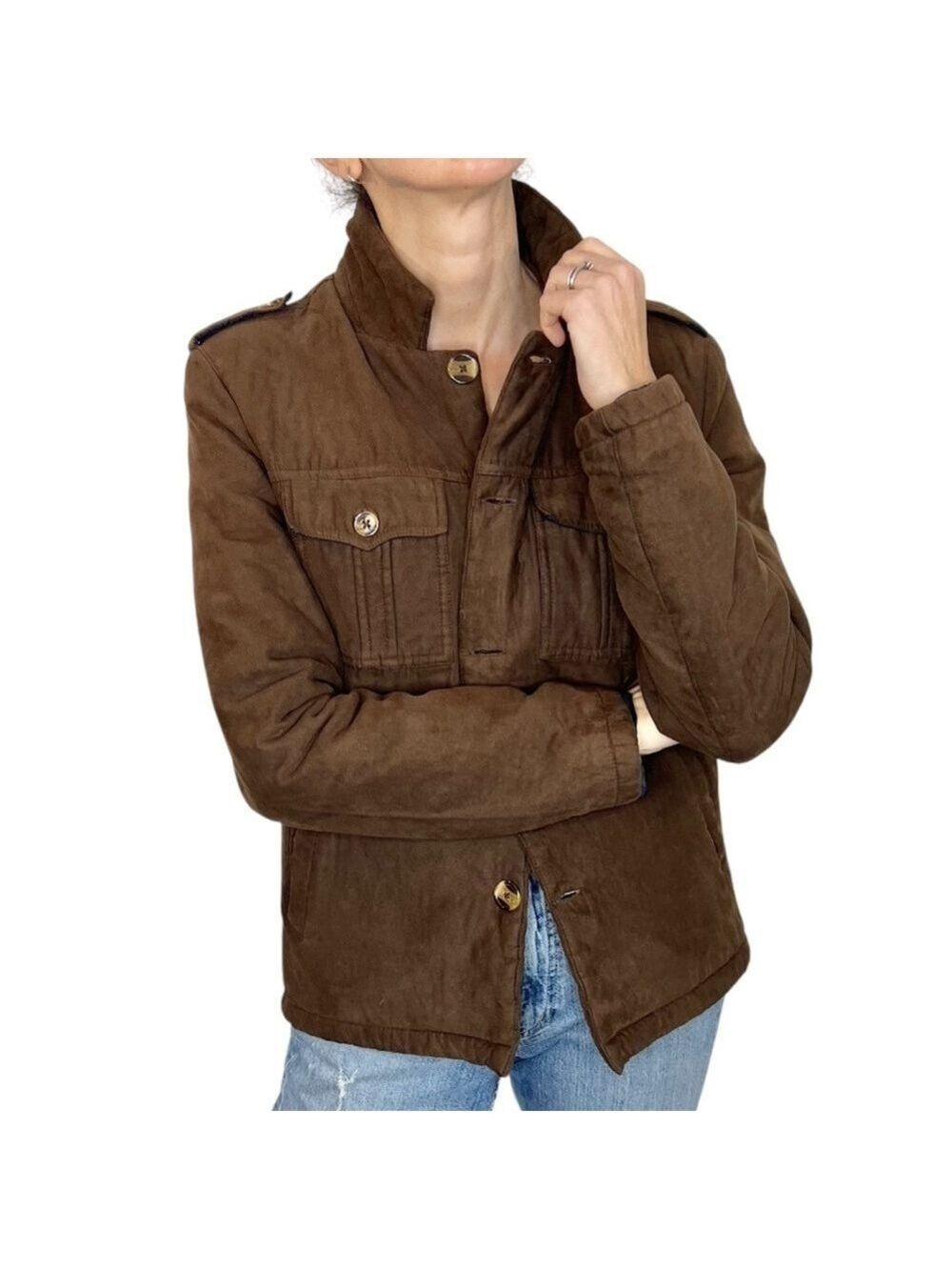 MAX fashion UAE brown faux suede button up military utility jacket L
